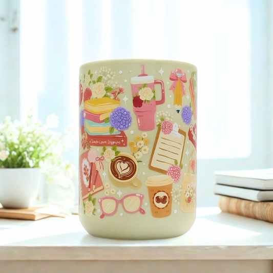 Teacher's Day Ceramic Mug with Gift Box | 15oz Ceramic Mug | Teach Love Inspire Teacher Desk Design | Gift for Teachers