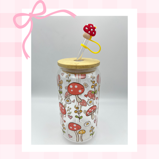 Double sided Mushroom 18 Oz Glass cup with Bamboo lid, Straw topper and Gift Box.