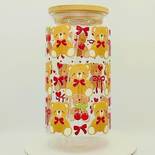 20% OFF Double-Sided Bears & Cherries Glass Cup Set 18oz | Cute Bear & Cherry Design with Gift Box