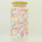 Double sided Cute Girly Pink Glass Can with Bamboo Lid, Straw topper & Gift Box | 18oz Iced Coffee Cup | Eco-Friendly - Reusable | Gift for her