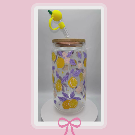 Double sided Lemon Bliss 18 Oz Glass cup with Bamboo lid, Straw topper and Gift Box.