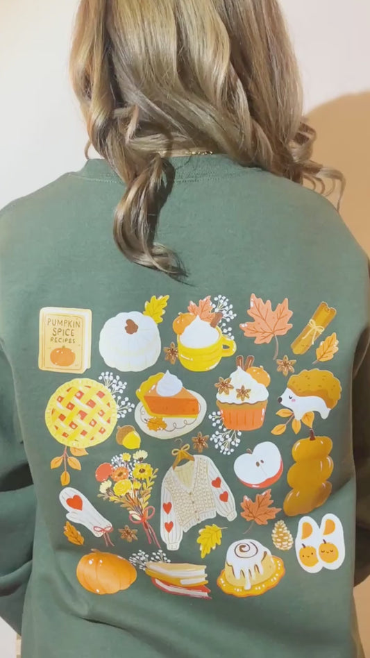 20% OFF Cozy Fall Vibes Green Crewnecks, pumpkin pie, books, pumpkin spices