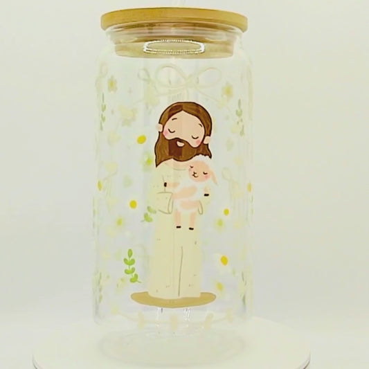 Double-Sided Jesus with Lamb Glass Cup Set 18oz | Faith-Inspired Design with Gift Box