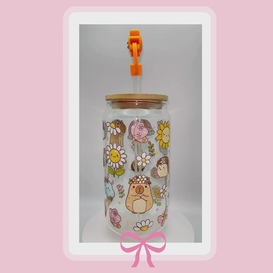 Double sided Capybara 18 Oz Glass cup with Bamboo lid, Straw toppers and Gift box.