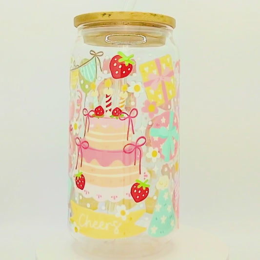 20% OFF Double-Sided Birthday Cake Glass Cup Set 18oz | Colorful Cake Design with Gift Box