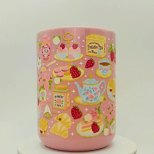 Cottagecore Afternoon Tea Ceramic Mug with Gift Box | 15oz Pink Ceramic Mug | Cake Teapot Strawberry Book Floral Design | Tea Lover Gifts