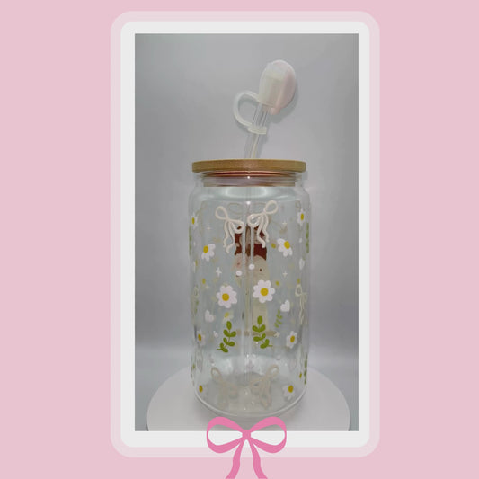 Double sided Jesus with Lamb 18 Oz Glass cup with Bamboo lid, Straw topper and Gift Box.