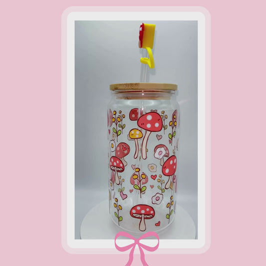 Double sided Mushroom 18 Oz Glass cup with Bamboo lid, Straw topper and Gift Box.