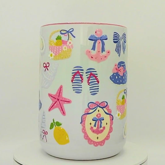 20% OFF Coastal Girly Ceramic Mug with Gift Box | 15oz Ceramic Mug | Pink Nautical Bow Hat Anchor Picnic Beach Summer Design | Gift for her