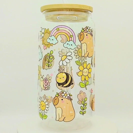 Double-Sided Capybara Glass Cup Set 18oz | Cute Sun Topper & Gift Box