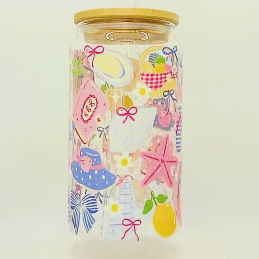 Double-Sided Coastal Girl Glass Cup Set 18oz | Beachy Summer Design with Gift Box