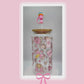 Double sided Cute Girly Pink Office School 18 Oz Glass cup with Bamboo lid, Straw topper and Gift Box.