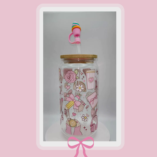 Double sided Cute Girly Pink Office School 18 Oz Glass cup with Bamboo lid, Straw topper and Gift Box.