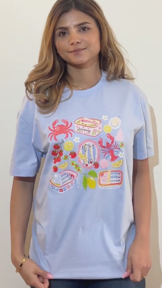 20% OFF Coastal Vibes Light Blue Boxy Tee | Fisherman & Seaside Design | 100% Cotton Made in Canada