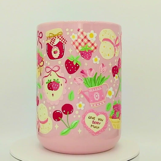 Cottagecore Strawberries Ceramic Mug with Gift Box | 15oz Ceramic Mug | Strawberries Cherries Jam Basket Floral Design | Gift for her