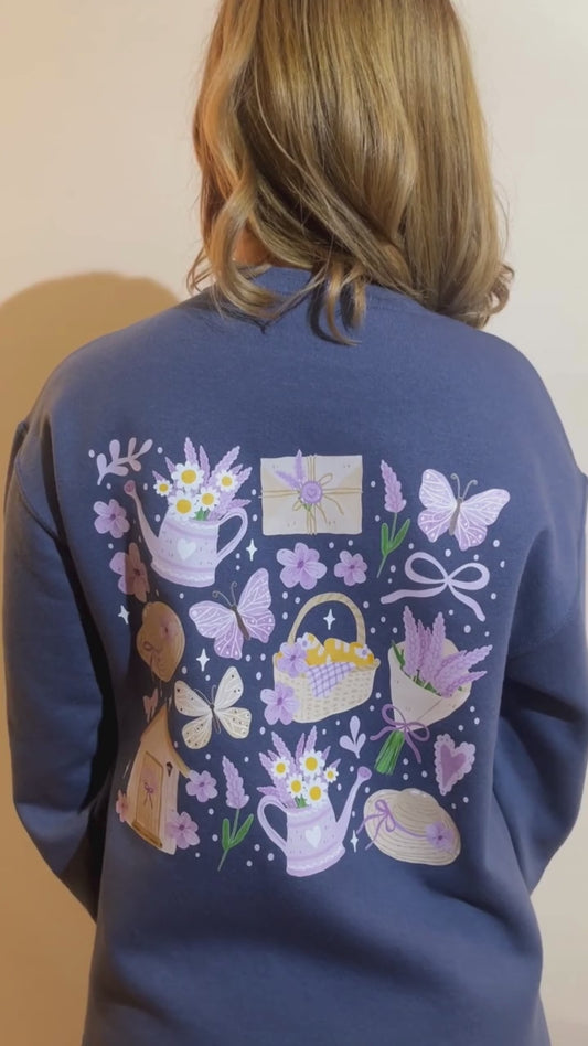 20% OFF Lavender-Themed Denim Blue Sweatshirt with Books, Teapot & Bread Basket | Cottagecore Cozy