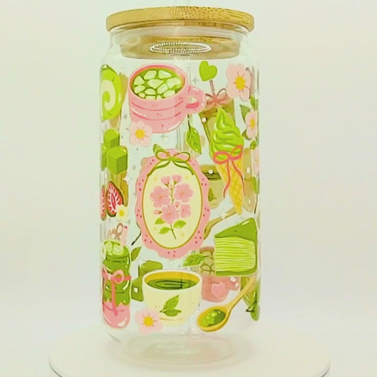 Double-Sided Matcha Girly Glass Cup Set 18oz | Whimsical Tea Design with Gift Box