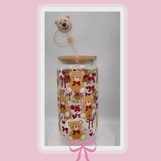 Double sided Bears and Cherries 18 Oz Glass cup with Bamboo lid, Straw topper and Gift Box.