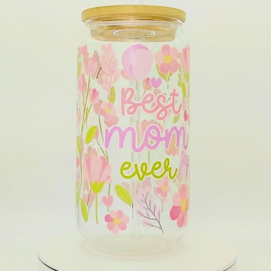 20% OFF Double-Sided Mother’s Day Glass Cup Set 18oz | “Best Mom Ever” Design & Gift Box