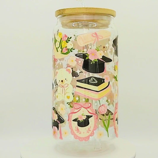 Double-Sided Graduation Glass Cup Set 18oz | Cute Grad Design with Gift Box