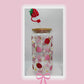 Double sided Strawberries 18 Oz Glass cup with Bamboo lid, Straw toppers and Gift Box.
