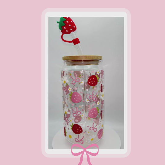 Double sided Strawberries 18 Oz Glass cup with Bamboo lid, Straw toppers and Gift Box.