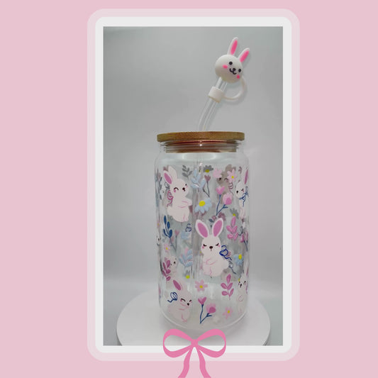 Double sided Spring Bunnies Blossom 18 Oz Glass cup with Bamboo lid, Straw topper and Gift Box