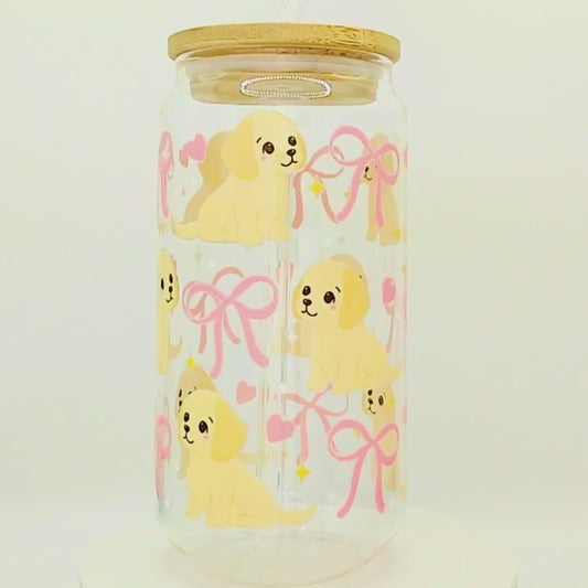 20% OFF Double-Sided Puppies with Pink Bow Glass Cup Set 18oz | Cute Dog Design with Gift Box